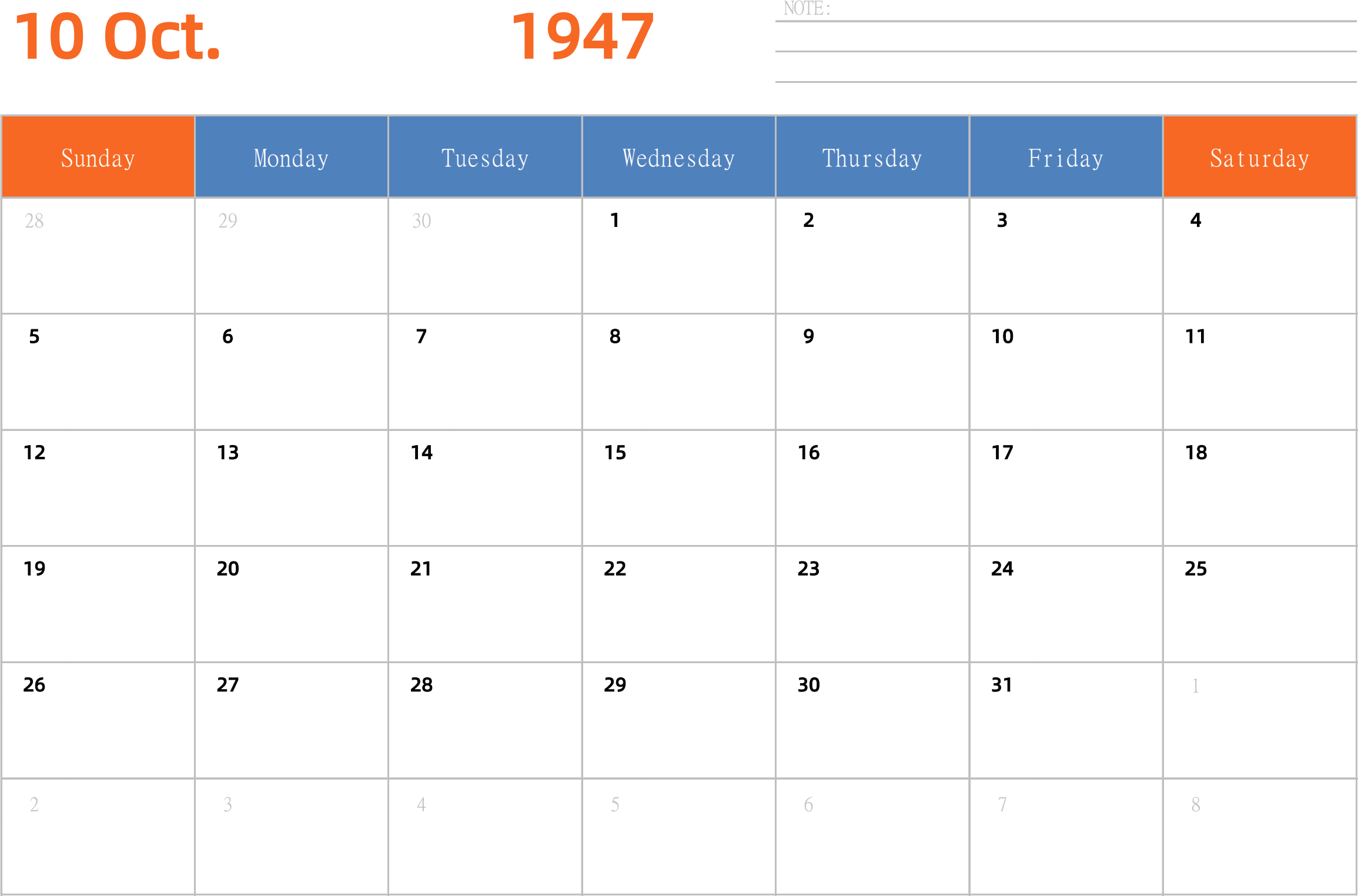 日历表1947年日历 英文版 横向排版 周日开始